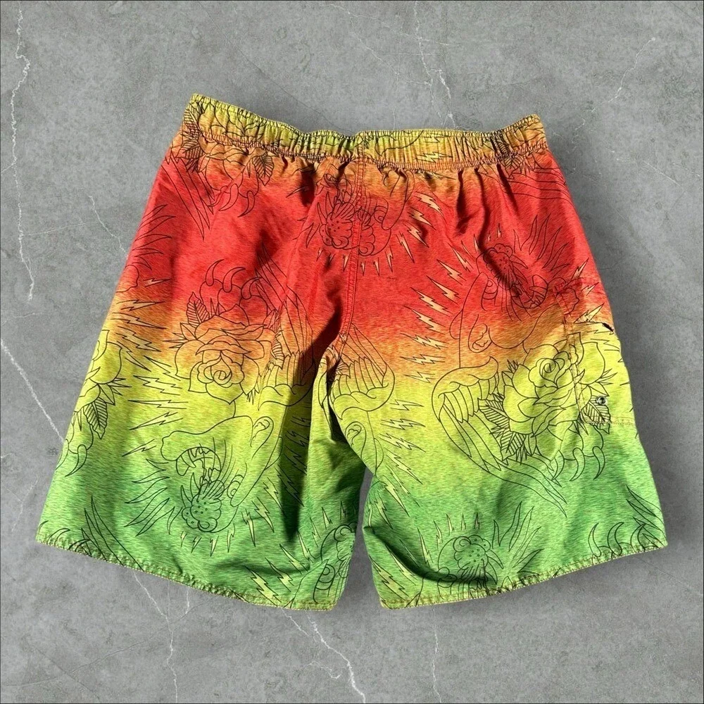 Ed Hardy Swim Trunks Mens Large Multifolor Y2K Dragon AOP Grunge Tattoo Skater